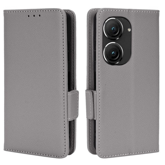 Litchi Texture Magnetic Clasp Phone Case for Asus Zenfone 10 5G / 9 5G PU Leather Foldable Stand Wallet Anti-drop Cover - Grey