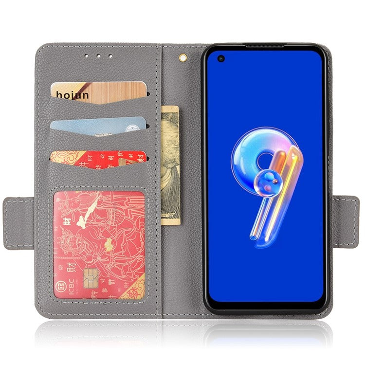 Litchi Texture Magnetic Clasp Phone Case for Asus Zenfone 10 5G / 9 5G PU Leather Foldable Stand Wallet Anti-drop Cover - Grey