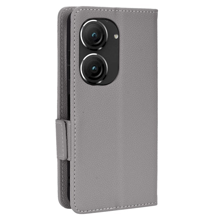 Litchi Texture Magnetic Clasp Phone Case for Asus Zenfone 10 5G / 9 5G PU Leather Foldable Stand Wallet Anti-drop Cover - Grey