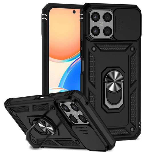 Slide Camera Protector Phone Case for Honor X8 4G 4G, PC + TPU Metal Ring Kickstand Hybrid Cover - Black