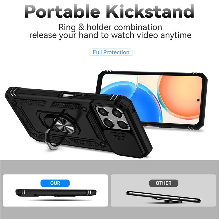 Slide Camera Protector Phone Case for Honor X8 4G 4G, PC + TPU Metal Ring Kickstand Hybrid Cover - Black