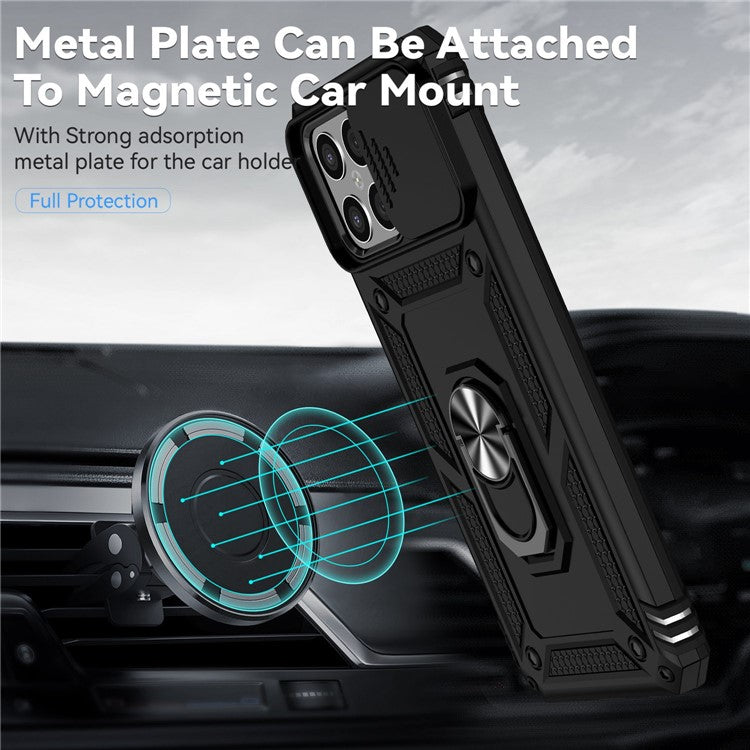 Slide Camera Protector Phone Case for Honor X8 4G 4G, PC + TPU Metal Ring Kickstand Hybrid Cover - Black