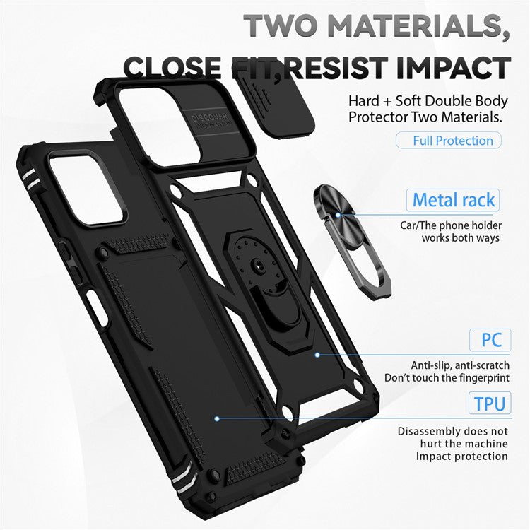 Slide Camera Protector Phone Case for Honor X8 4G 4G, PC + TPU Metal Ring Kickstand Hybrid Cover - Black