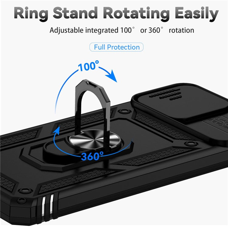 Slide Camera Protector Phone Case for Honor X8 4G 4G, PC + TPU Metal Ring Kickstand Hybrid Cover - Black