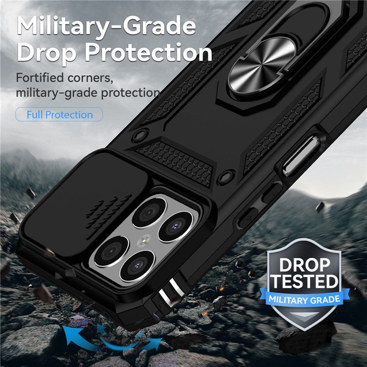 Slide Camera Protector Phone Case for Honor X8 4G 4G, PC + TPU Metal Ring Kickstand Hybrid Cover - Black