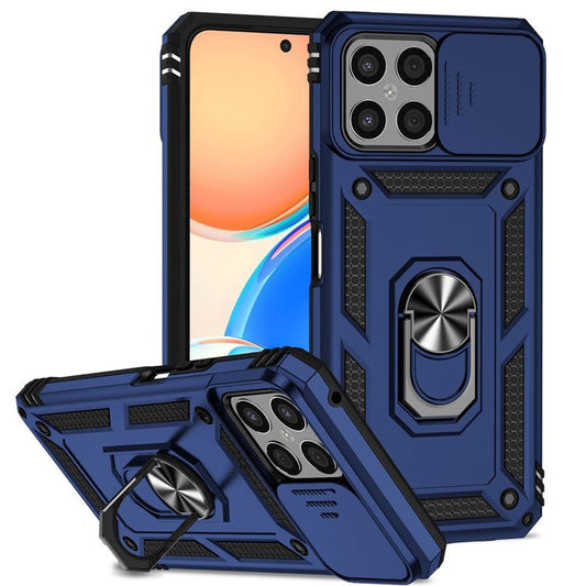 Slide Camera Protector Phone Case for Honor X8 4G 4G, PC + TPU Metal Ring Kickstand Hybrid Cover - Blue
