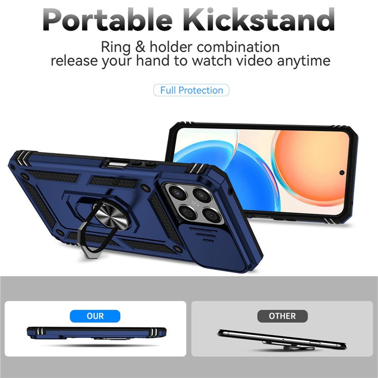 Slide Camera Protector Phone Case for Honor X8 4G 4G, PC + TPU Metal Ring Kickstand Hybrid Cover - Blue
