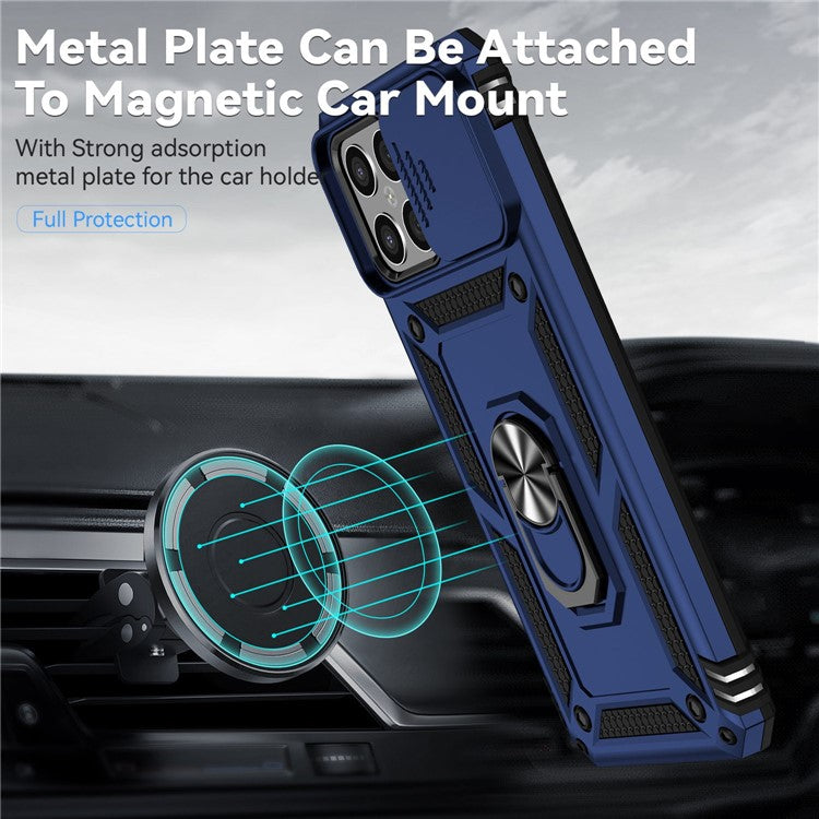 Slide Camera Protector Phone Case for Honor X8 4G 4G, PC + TPU Metal Ring Kickstand Hybrid Cover - Blue