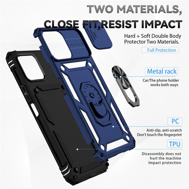 Slide Camera Protector Phone Case for Honor X8 4G 4G, PC + TPU Metal Ring Kickstand Hybrid Cover - Blue