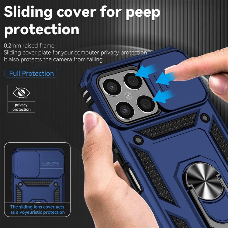 Slide Camera Protector Phone Case for Honor X8 4G 4G, PC + TPU Metal Ring Kickstand Hybrid Cover - Blue