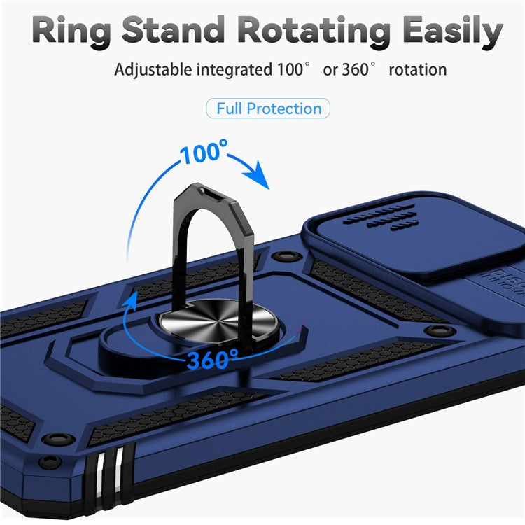 Slide Camera Protector Phone Case for Honor X8 4G 4G, PC + TPU Metal Ring Kickstand Hybrid Cover - Blue