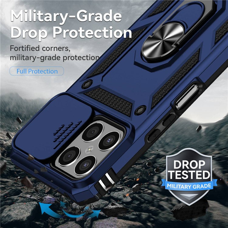 Slide Camera Protector Phone Case for Honor X8 4G 4G, PC + TPU Metal Ring Kickstand Hybrid Cover - Blue