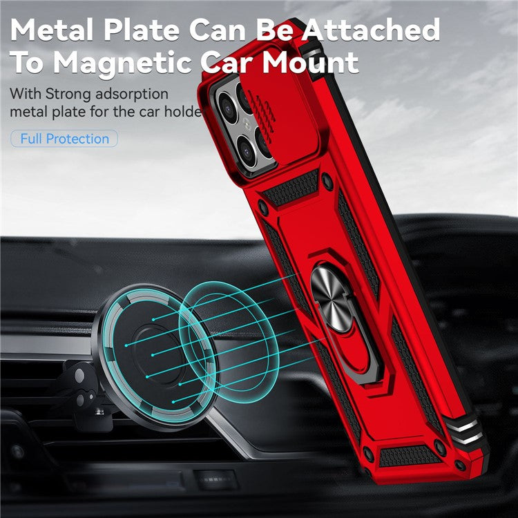 Slide Camera Protector Phone Case for Honor X8 4G 4G, PC + TPU Metal Ring Kickstand Hybrid Cover - Red
