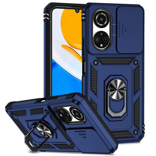 For Honor X7 4G Hard PC + Soft TPU Phone Case with Metal Ring Kickstand and Slide Camera Protector - Blue