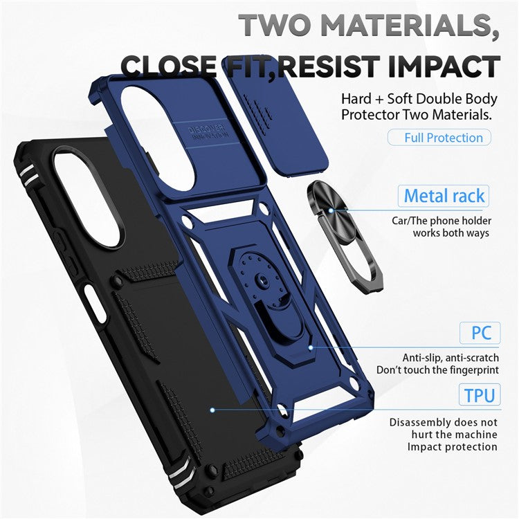 For Honor X7 4G Hard PC + Soft TPU Phone Case with Metal Ring Kickstand and Slide Camera Protector - Blue
