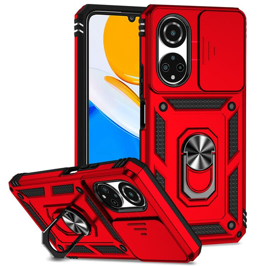 For Honor X7 4G Hard PC + Soft TPU Phone Case with Metal Ring Kickstand and Slide Camera Protector - Red