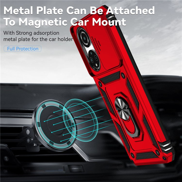 For Honor X7 4G Hard PC + Soft TPU Phone Case with Metal Ring Kickstand and Slide Camera Protector - Red
