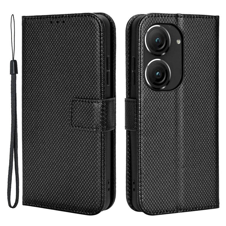 For Asus Zenfone 10 5G / 9 5G Diamond Texture Phone Flip Wallet Case Anti-shock Scratch-resistant PU Leather Cell Phone Cover with Strap - Black