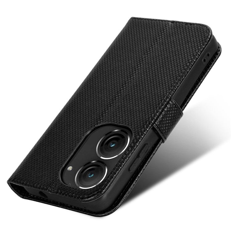 For Asus Zenfone 10 5G / 9 5G Diamond Texture Phone Flip Wallet Case Anti-shock Scratch-resistant PU Leather Cell Phone Cover with Strap - Black