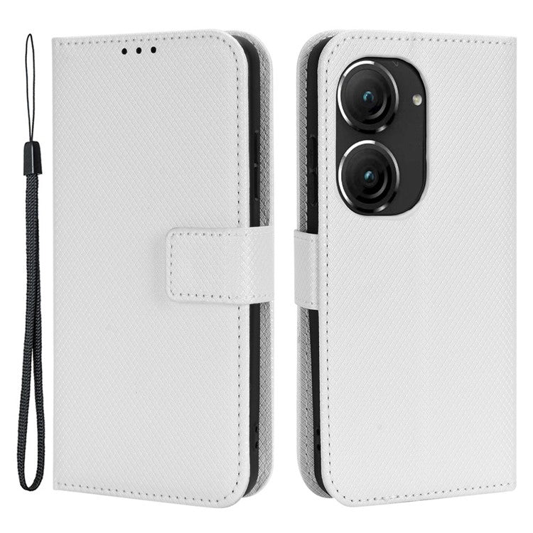 For Asus Zenfone 10 5G / 9 5G Diamond Texture Phone Flip Wallet Case Anti-shock Scratch-resistant PU Leather Cell Phone Cover with Strap - White