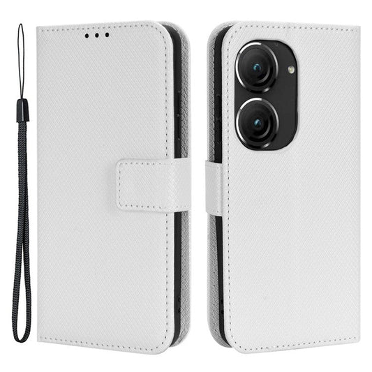For Asus Zenfone 10 5G / 9 5G Diamond Texture Phone Flip Wallet Case Anti-shock Scratch-resistant PU Leather Cell Phone Cover with Strap - White
