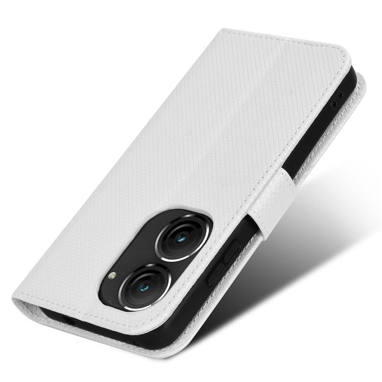 For Asus Zenfone 10 5G / 9 5G Diamond Texture Phone Flip Wallet Case Anti-shock Scratch-resistant PU Leather Cell Phone Cover with Strap - White