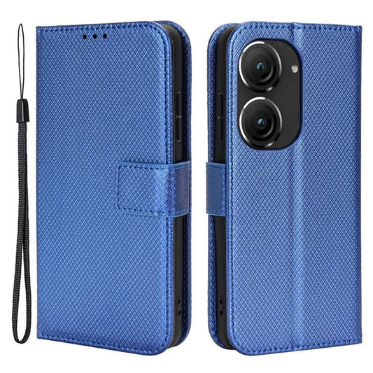 For Asus Zenfone 10 5G / 9 5G Diamond Texture Phone Flip Wallet Case Anti-shock Scratch-resistant PU Leather Cell Phone Cover with Strap - Blue