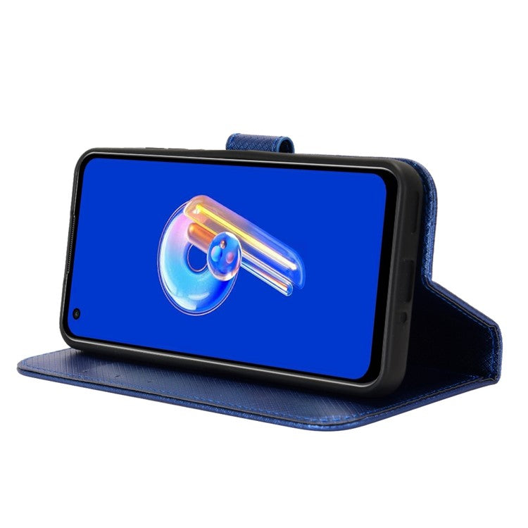 For Asus Zenfone 10 5G / 9 5G Diamond Texture Phone Flip Wallet Case Anti-shock Scratch-resistant PU Leather Cell Phone Cover with Strap - Blue
