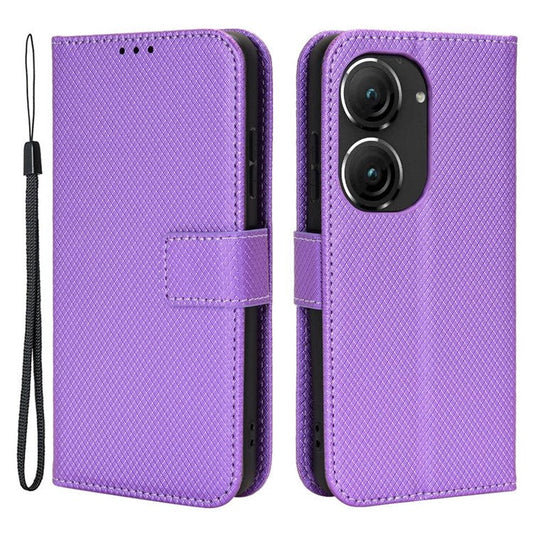 For Asus Zenfone 10 5G / 9 5G Diamond Texture Phone Flip Wallet Case Anti-shock Scratch-resistant PU Leather Cell Phone Cover with Strap - Purple