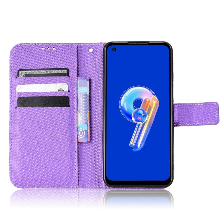 For Asus Zenfone 10 5G / 9 5G Diamond Texture Phone Flip Wallet Case Anti-shock Scratch-resistant PU Leather Cell Phone Cover with Strap - Purple