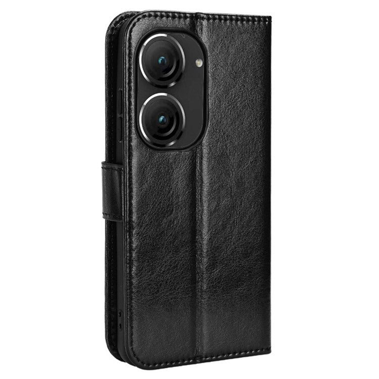 For Asus Zenfone 10 5G / 9 5G Anti-scratch Crazy Horse Texture Phone Case Stand TPU+PU Leather Wallet Protective Shell with Strap - Black