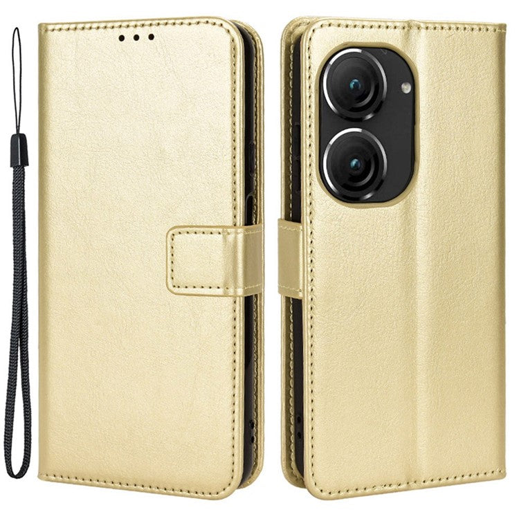 For Asus Zenfone 10 5G / 9 5G Anti-scratch Crazy Horse Texture Phone Case Stand TPU+PU Leather Wallet Protective Shell with Strap - Gold
