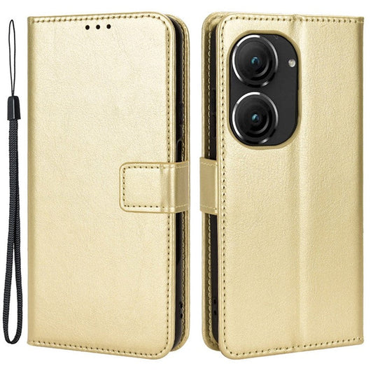 For Asus Zenfone 10 5G / 9 5G Anti-scratch Crazy Horse Texture Phone Case Stand TPU+PU Leather Wallet Protective Shell with Strap - Gold