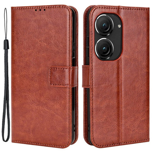 For Asus Zenfone 10 5G / 9 5G Anti-scratch Crazy Horse Texture Phone Case Stand TPU+PU Leather Wallet Protective Shell with Strap - Brown