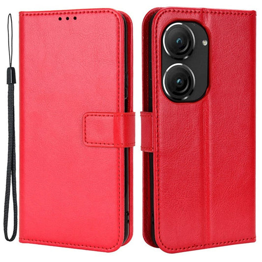 For Asus Zenfone 10 5G / 9 5G Anti-scratch Crazy Horse Texture Phone Case Stand TPU+PU Leather Wallet Protective Shell with Strap - Red