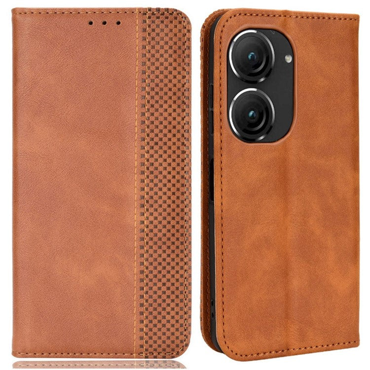 For Asus Zenfone 10 5G / 9 5G Vintage PU Leather Shockproof Mobile Phone Case Stand Auto Absorbed Shell with Wallet - Brown