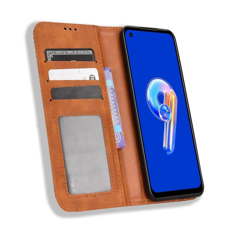 For Asus Zenfone 10 5G / 9 5G Vintage PU Leather Shockproof Mobile Phone Case Stand Auto Absorbed Shell with Wallet - Brown