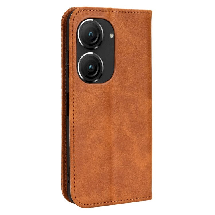 For Asus Zenfone 10 5G / 9 5G Vintage PU Leather Shockproof Mobile Phone Case Stand Auto Absorbed Shell with Wallet - Brown