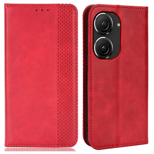 For Asus Zenfone 10 5G / 9 5G Vintage PU Leather Shockproof Mobile Phone Case Stand Auto Absorbed Shell with Wallet - Red