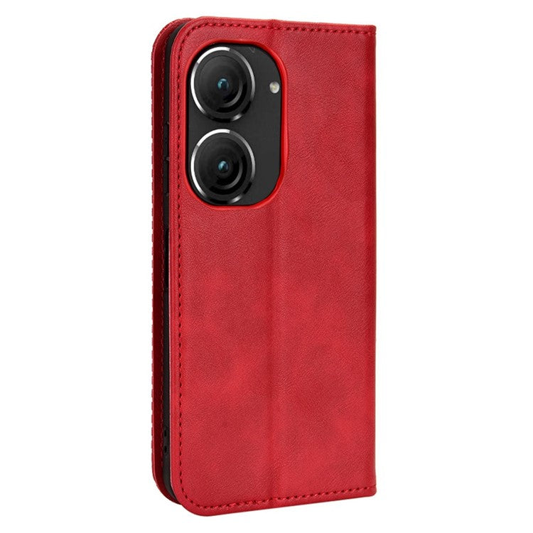 For Asus Zenfone 10 5G / 9 5G Vintage PU Leather Shockproof Mobile Phone Case Stand Auto Absorbed Shell with Wallet - Red