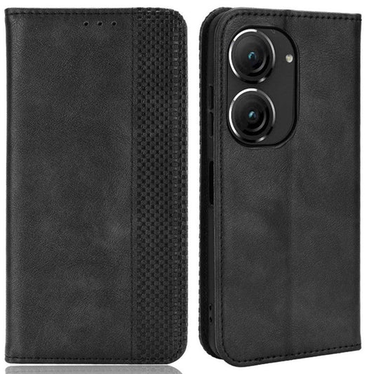 For Asus Zenfone 10 5G / 9 5G Vintage PU Leather Shockproof Mobile Phone Case Stand Auto Absorbed Shell with Wallet - Black