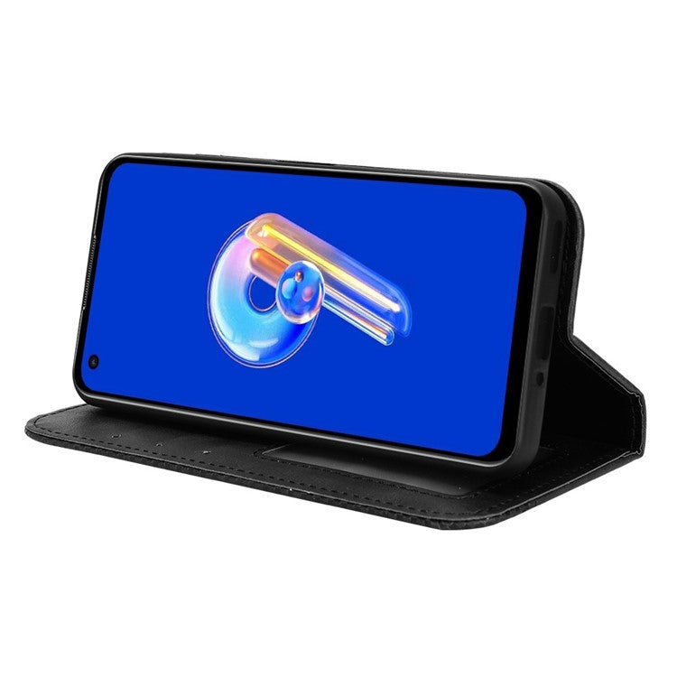 For Asus Zenfone 10 5G / 9 5G Vintage PU Leather Shockproof Mobile Phone Case Stand Auto Absorbed Shell with Wallet - Black