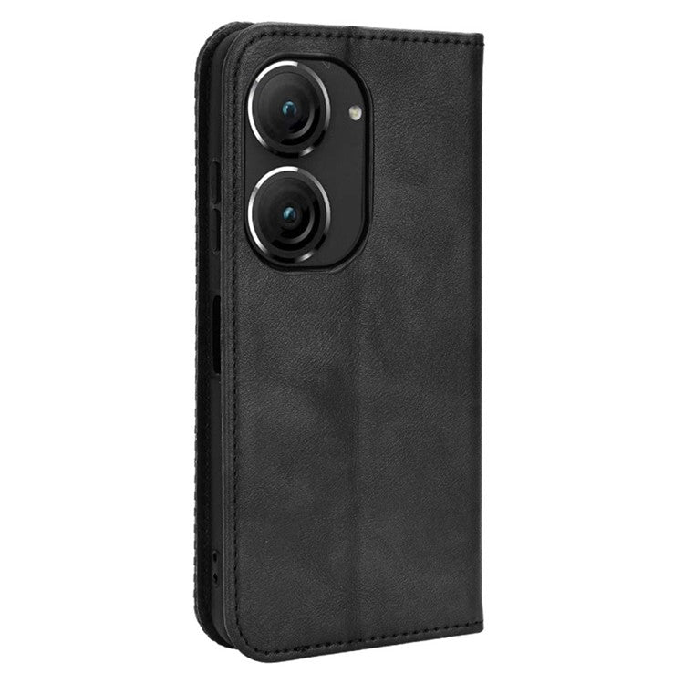 For Asus Zenfone 10 5G / 9 5G Vintage PU Leather Shockproof Mobile Phone Case Stand Auto Absorbed Shell with Wallet - Black