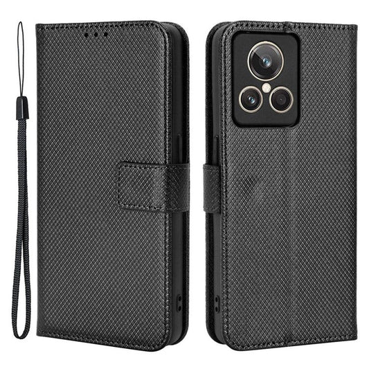 For Realme GT2 Explorer Master 5G Anti-drop Diamond Texture PU Leather Phone Case Wallet Stand Protective Phone Shell with Strap - Black