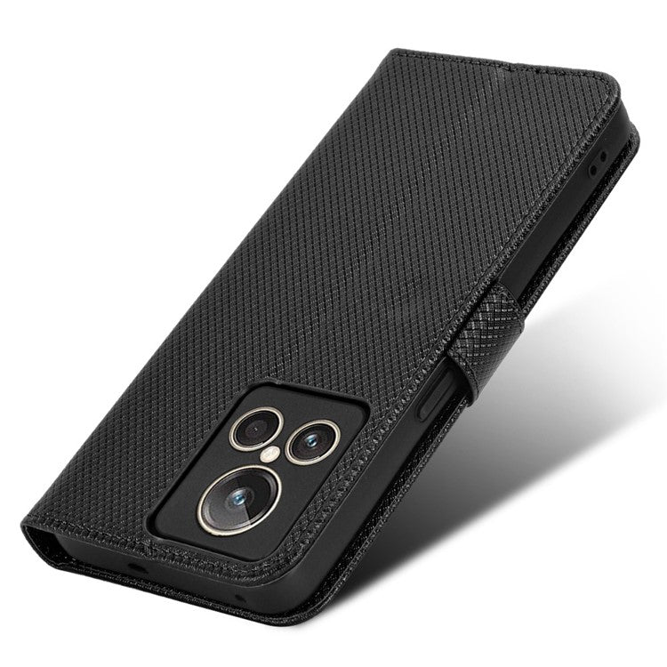 For Realme GT2 Explorer Master 5G Anti-drop Diamond Texture PU Leather Phone Case Wallet Stand Protective Phone Shell with Strap - Black