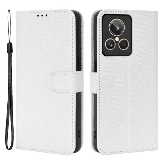 For Realme GT2 Explorer Master 5G Anti-drop Diamond Texture PU Leather Phone Case Wallet Stand Protective Phone Shell with Strap - White