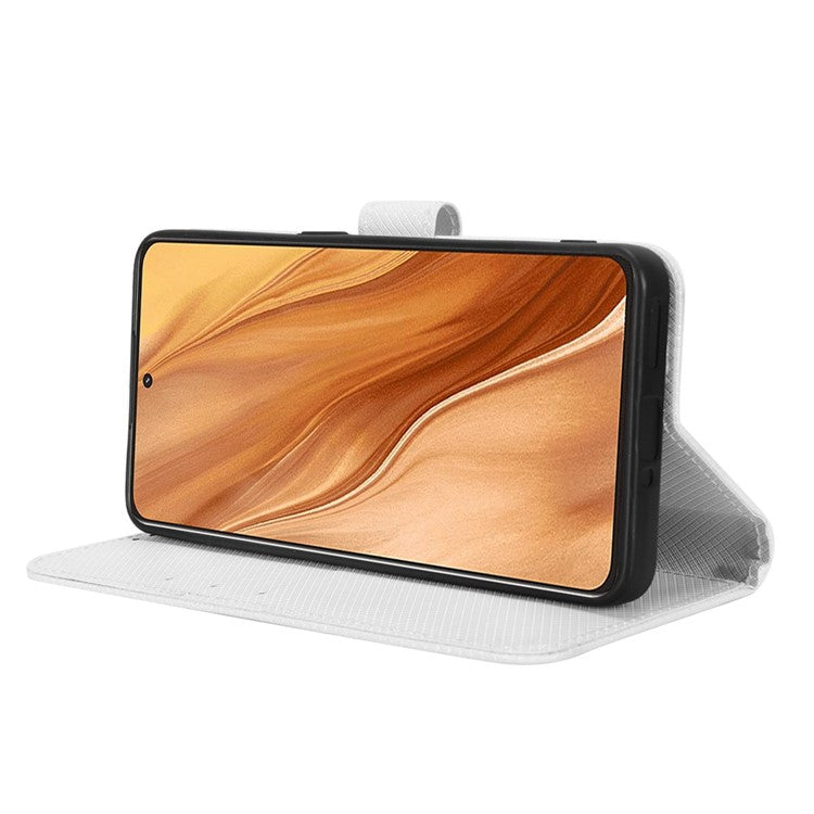 For Realme GT2 Explorer Master 5G Anti-drop Diamond Texture PU Leather Phone Case Wallet Stand Protective Phone Shell with Strap - White