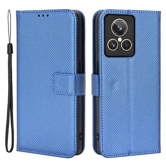 For Realme GT2 Explorer Master 5G Anti-drop Diamond Texture PU Leather Phone Case Wallet Stand Protective Phone Shell with Strap - Blue