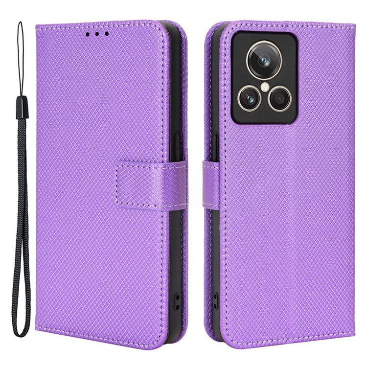 For Realme GT2 Explorer Master 5G Anti-drop Diamond Texture PU Leather Phone Case Wallet Stand Protective Phone Shell with Strap - Purple