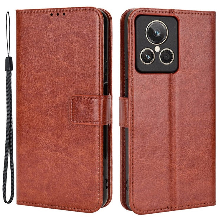 For Realme GT2 Explorer Master 5G TPU+PU Leather Wallet Phone Cover Crazy Horse Texture Stand Phone Shell with Strap - Brown